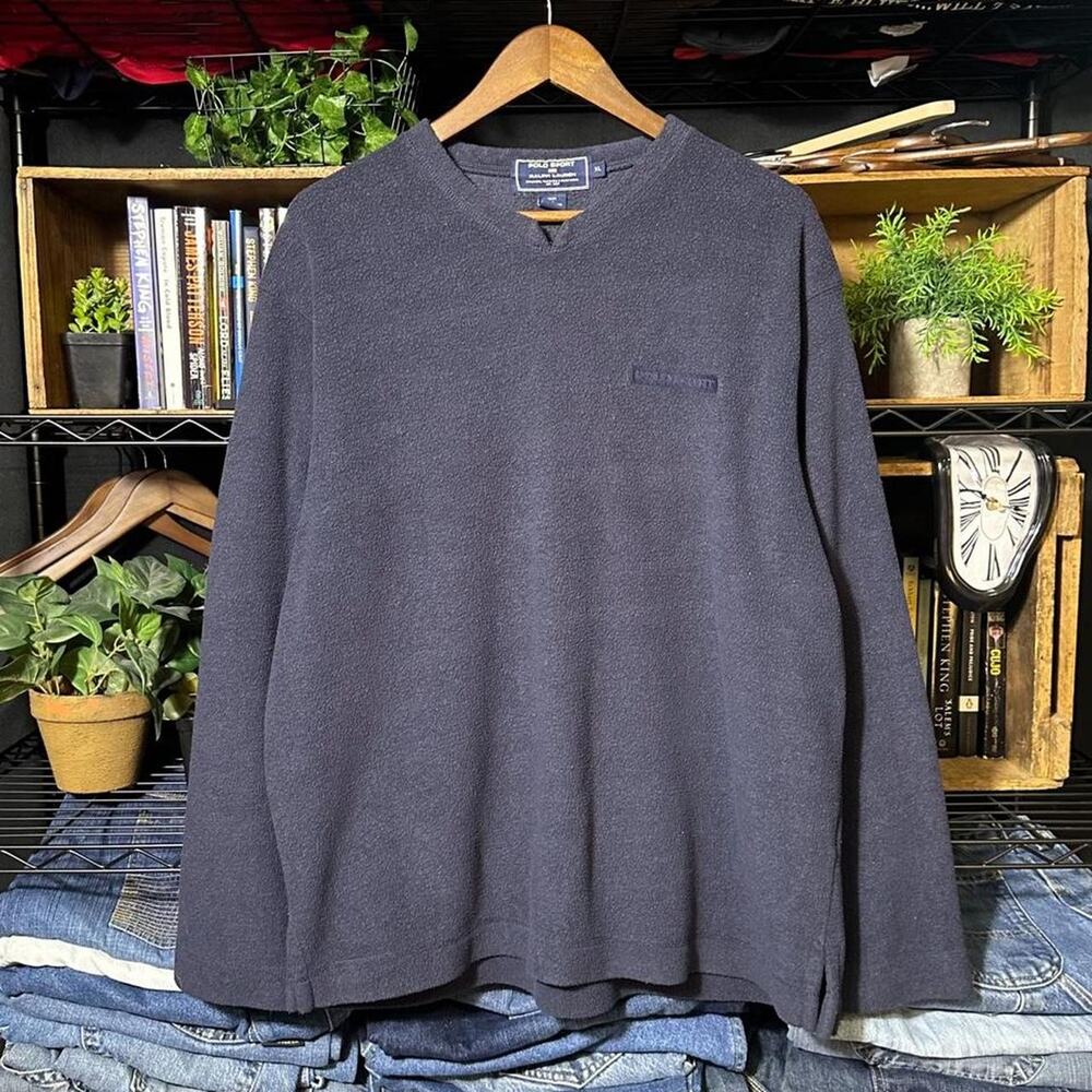 Vintage Y2K Polo Sport Ralph Lauren Fleece Sweater Navy Blue V-Neck Sweatshirt